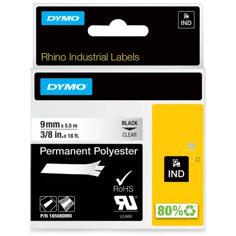 Dymo RHINO taśma poliestrowa trwała 9mm czarna na przezroczystym